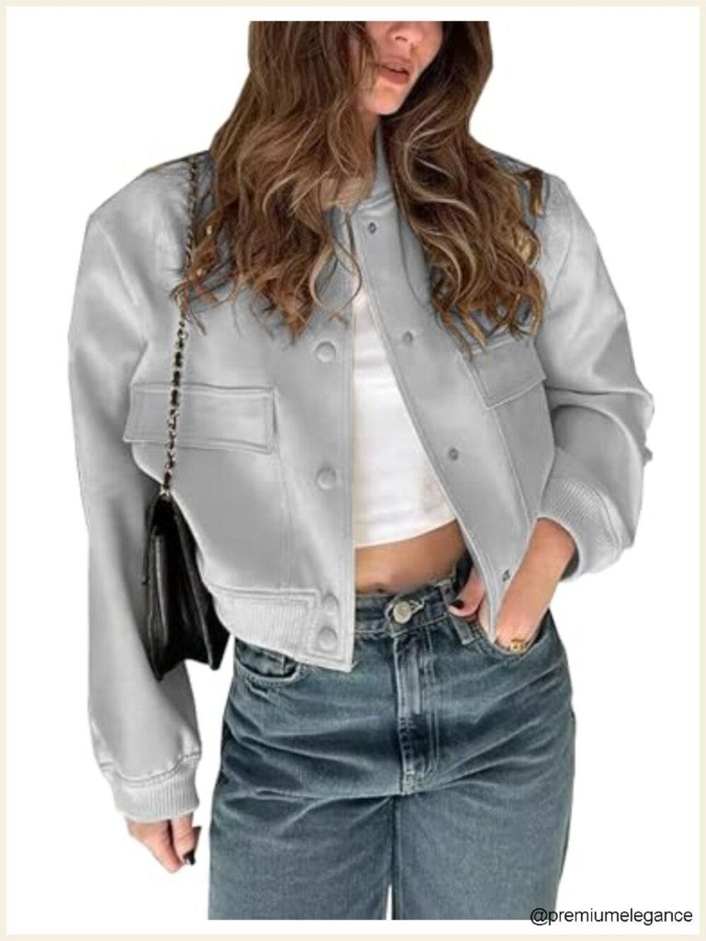 Womens Cropped Bomber Jacket Button Down Long Sleeve Stand Collar with Pockets